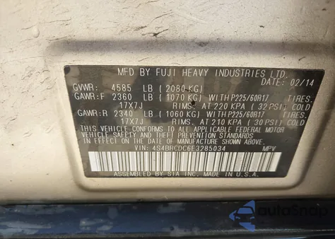 2014 Subaru Outback 2.5I Premium из США, поврежденный, VIN 4S4BRCDC6E3285034